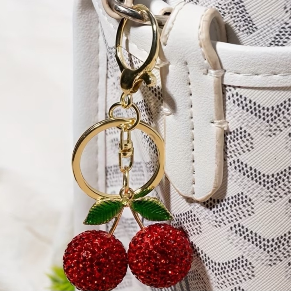 NWT Rhinestone Cherry Keychain Red Crystal Cherry Bag Charm Gold Tone